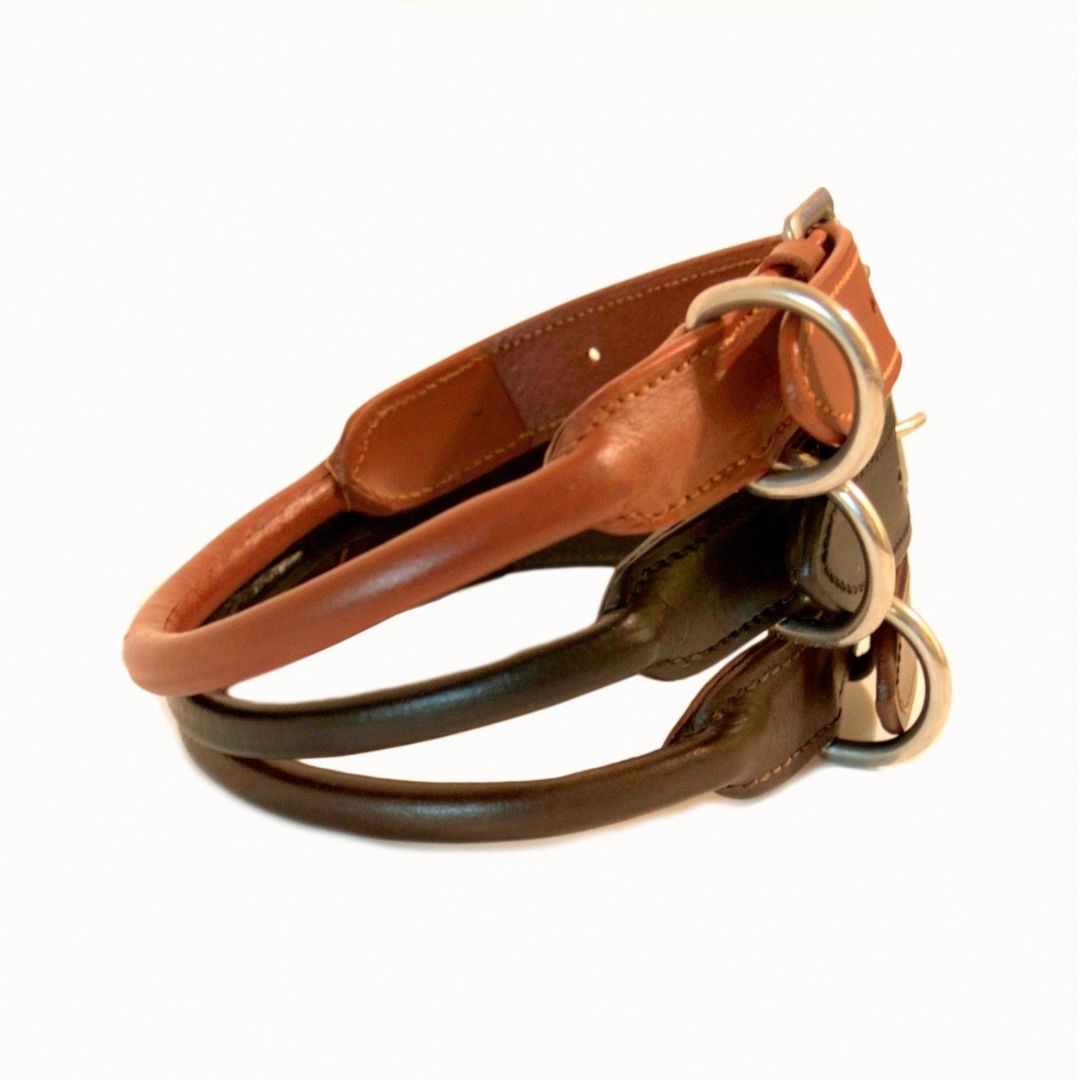 Handcrafted Rolled Genuine Leather Dog Collar – Round Leather Collar with Stainless Steel Hardware