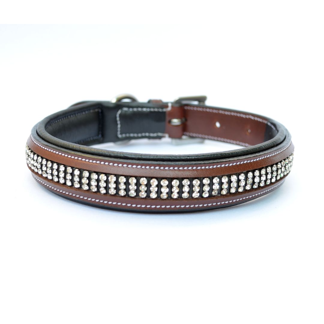 3-Row Crystal Padded Leather Dog Collar – Genuine Leather with Premium Stainless Steel Hardware