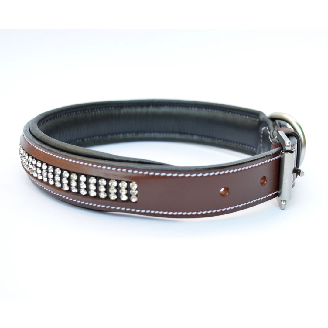 3-Row Crystal Padded Leather Dog Collar – Genuine Leather with Premium Stainless Steel Hardware