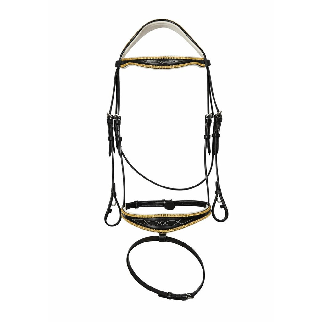 Royal Gold Crystal Dressage Bridle – Fancy Stitched Buffalo Leather English Bridle with Padded Comfort