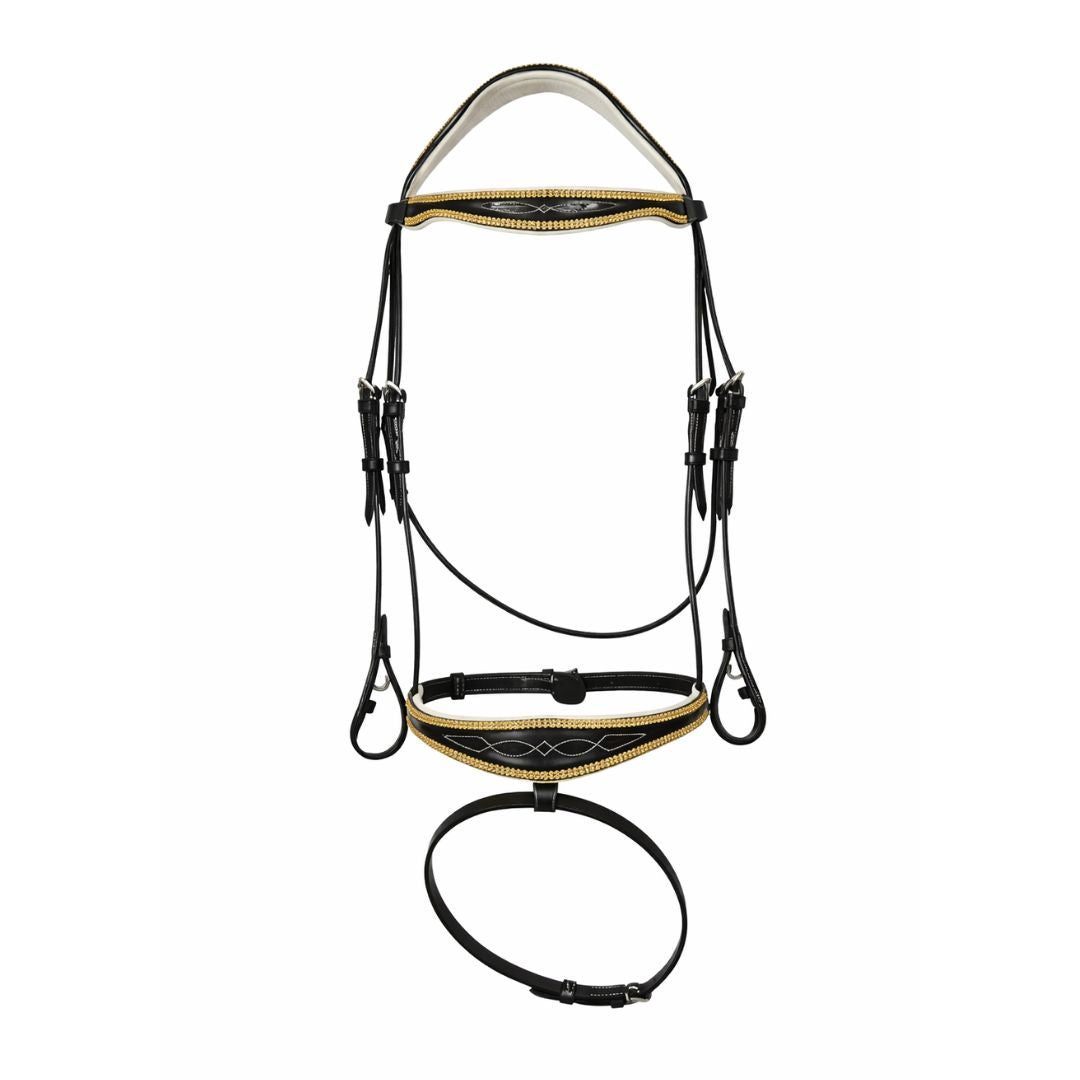 Royal Gold Crystal Dressage Bridle – Fancy Stitched Buffalo Leather English Bridle with Padded Comfort