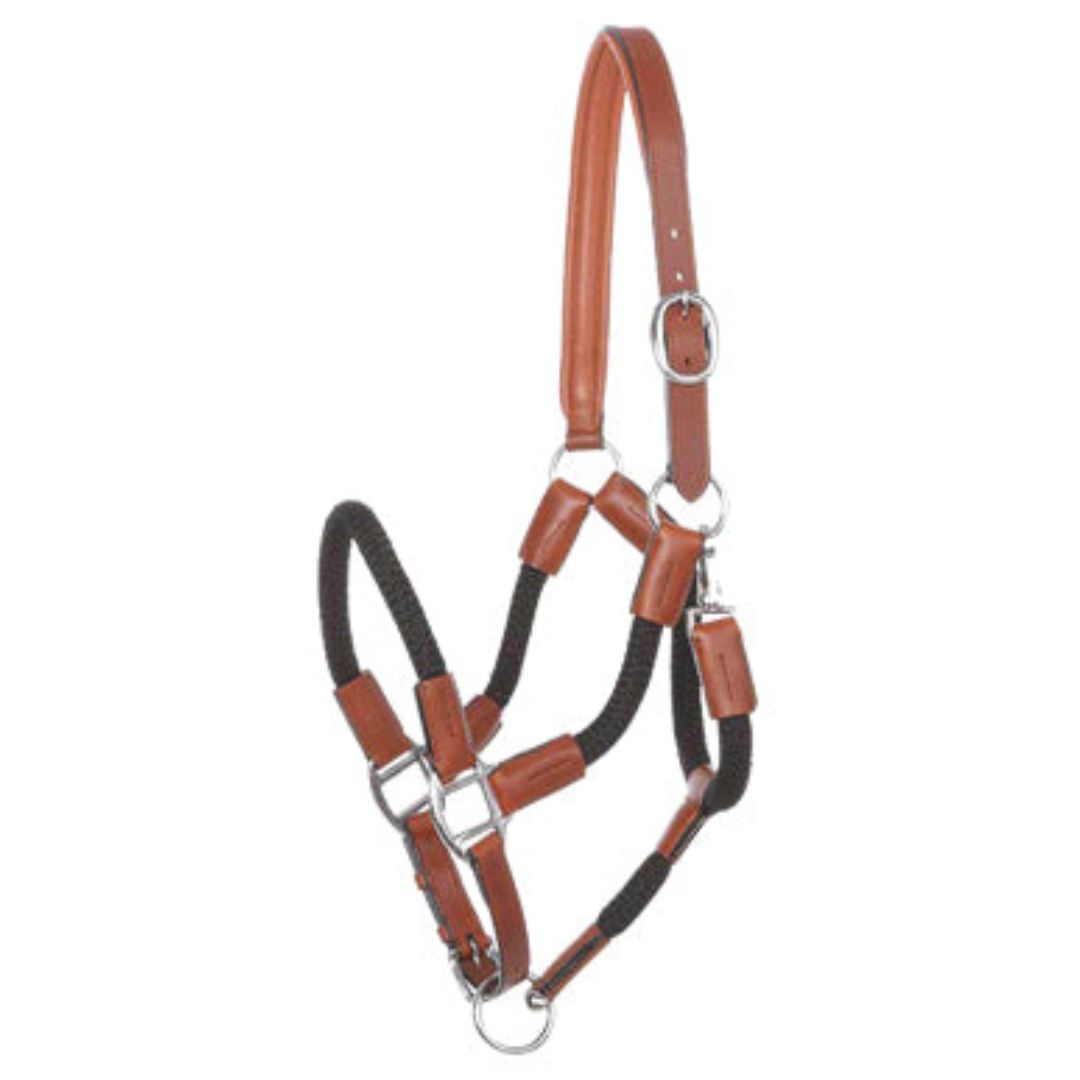 Premium Cavo Leather & Rope Horse Halter – Adjustable Padded Headcollar with Solid Brass Hardware