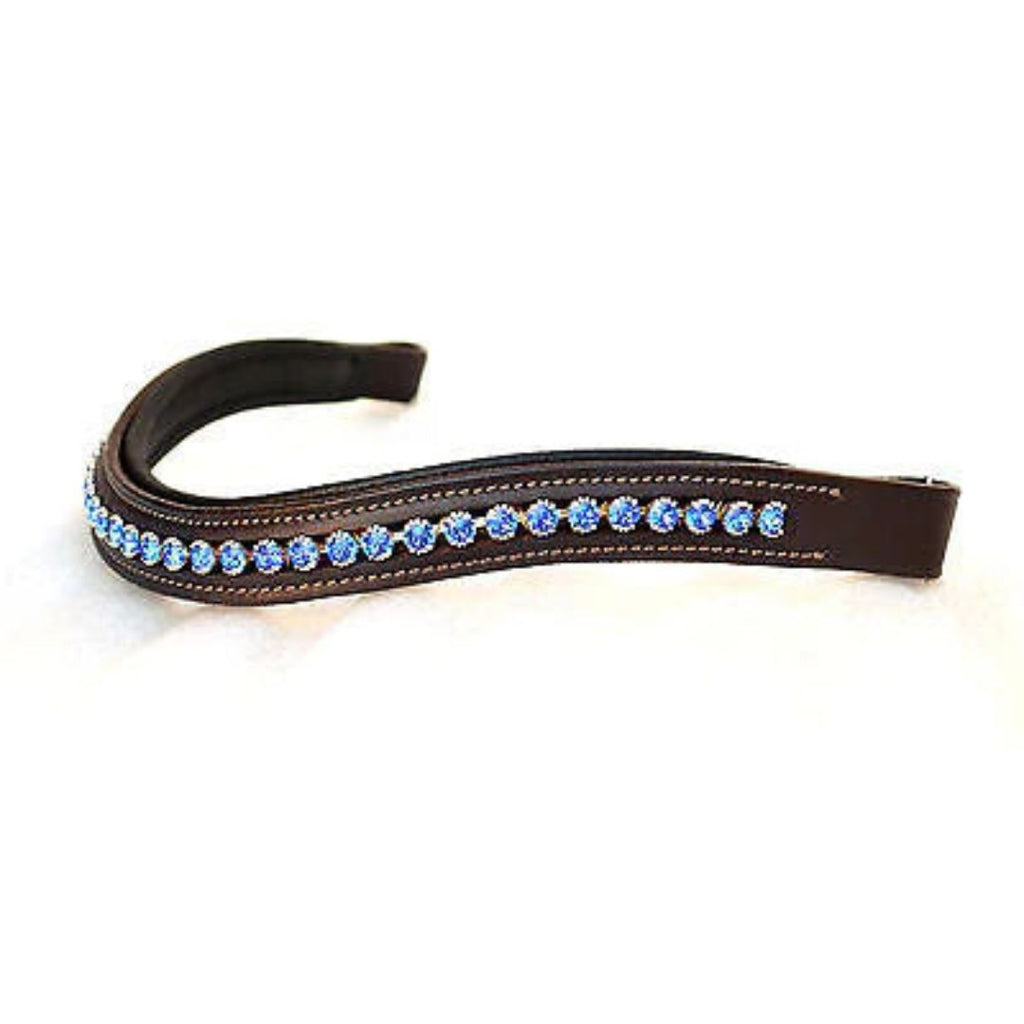Premium Padded Genuine Leather Browband with Coral Blue Crystal Accents