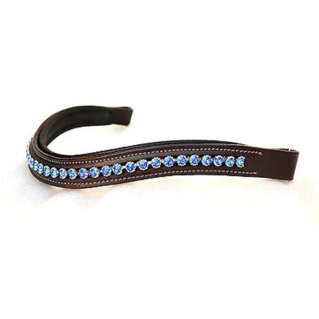Premium Padded Genuine Leather Browband with Coral Blue Crystal Accents