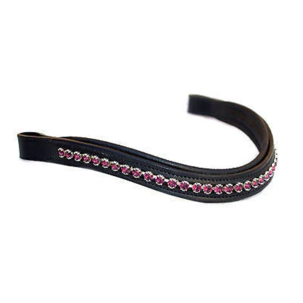 Premium Genuine Leather Padded Browband with Fuchsia Crystal Accents – Handcrafted English Bridle Accessory