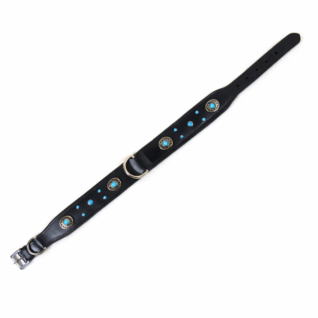 Decorative Genuine Leather Dog Collar with Turquoise Conchos – Padded Handmade Collar for Dogs