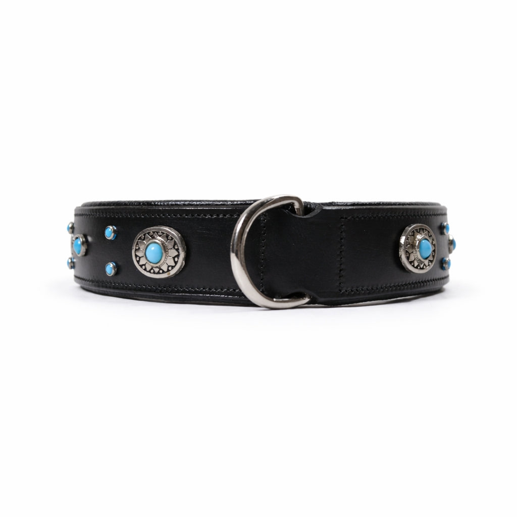 Decorative Genuine Leather Dog Collar with Turquoise Conchos – Padded Handmade Collar for Dogs