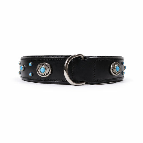 Decorative Genuine Leather Dog Collar with Turquoise Conchos – Padded Handmade Collar for Dogs