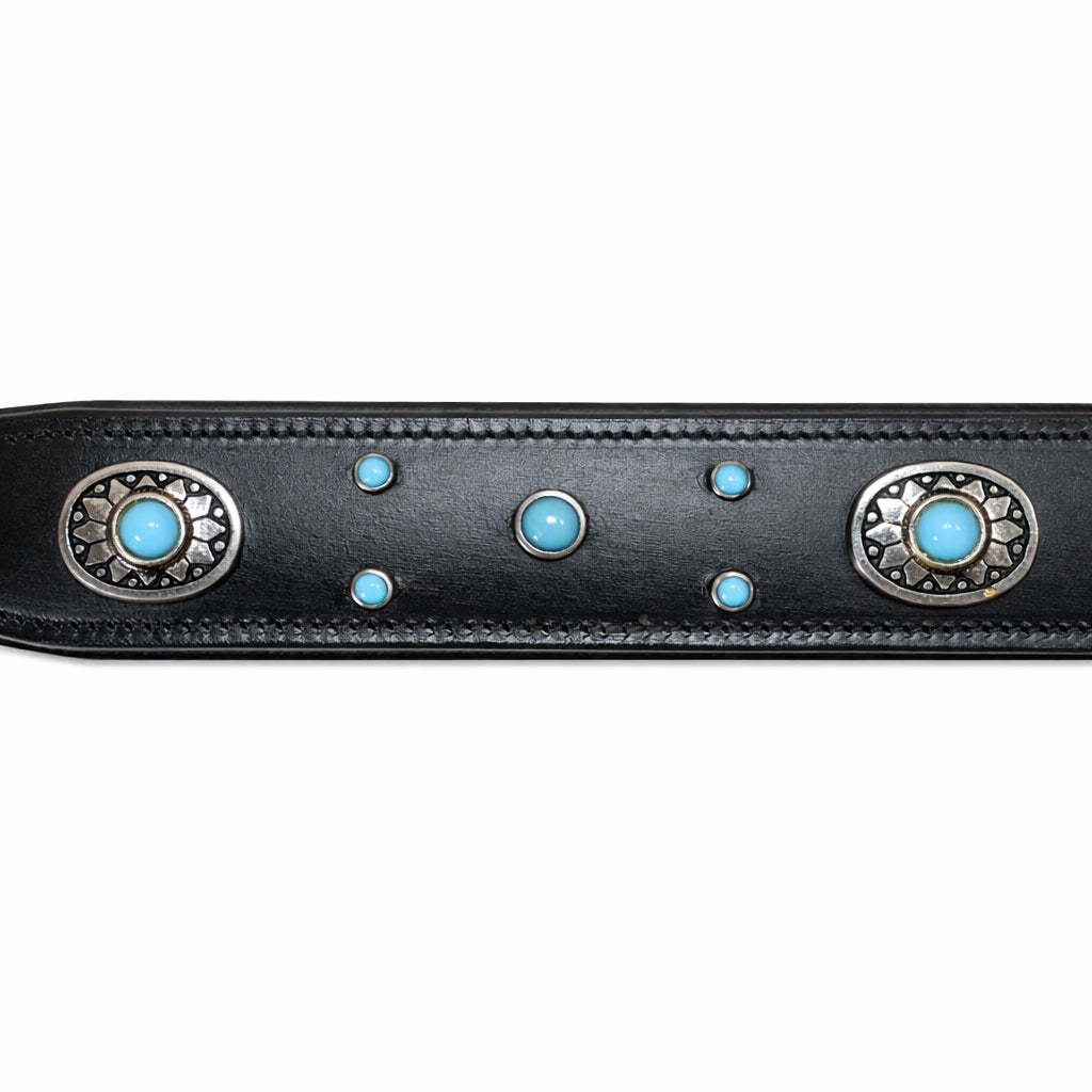 Decorative Genuine Leather Dog Collar with Turquoise Conchos – Padded Handmade Collar for Dogs