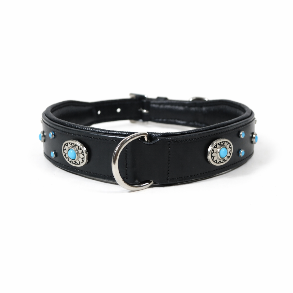 Decorative Genuine Leather Dog Collar with Turquoise Conchos – Padded Handmade Collar for Dogs
