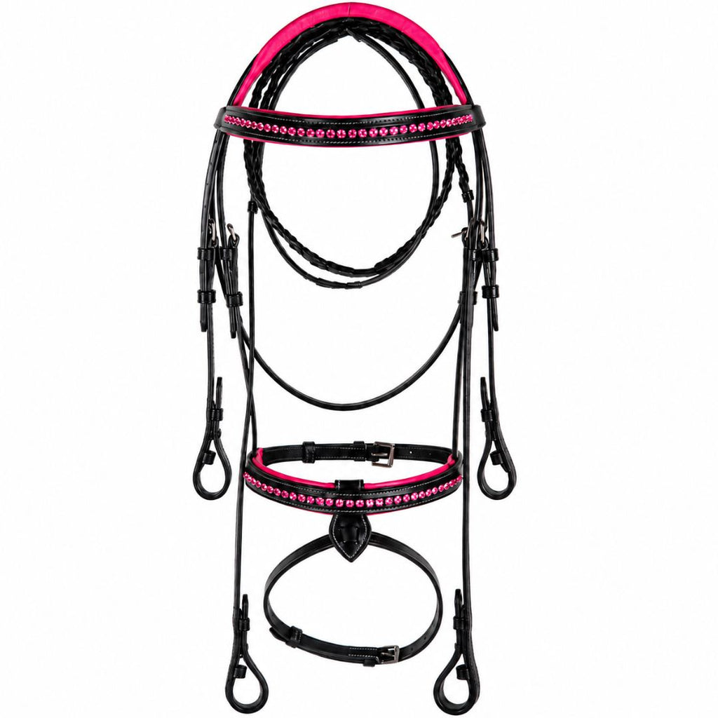Blush Crystal Elegance Bridle – Anatomical Buffalo Leather Show Bridle with Single Row Pink Crystal Browband