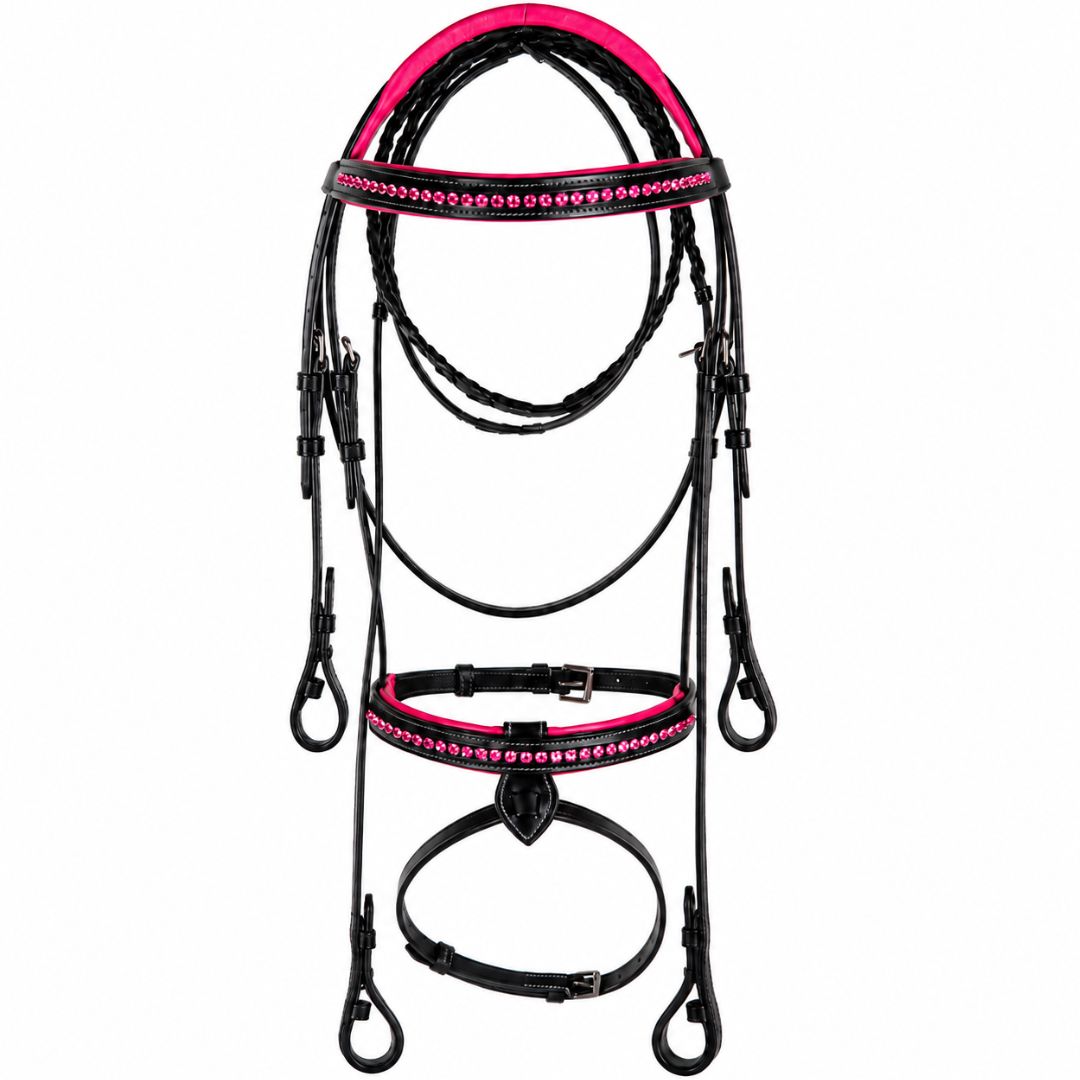 Blush Crystal Elegance Bridle – Anatomical Buffalo Leather Show Bridle with Single Row Pink Crystal Browband