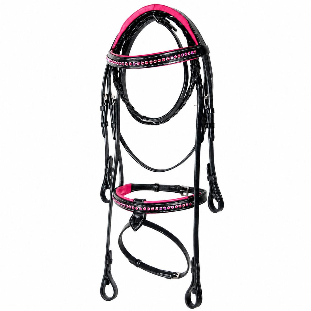Blush Crystal Elegance Bridle – Anatomical Buffalo Leather Show Bridle with Single Row Pink Crystal Browband