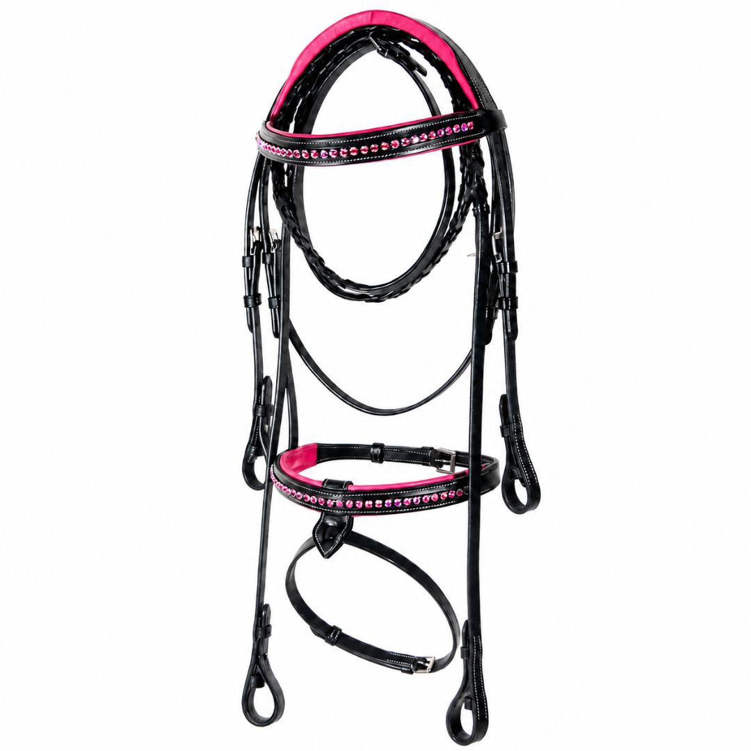 Blush Crystal Elegance Bridle – Anatomical Buffalo Leather Show Bridle with Single Row Pink Crystal Browband