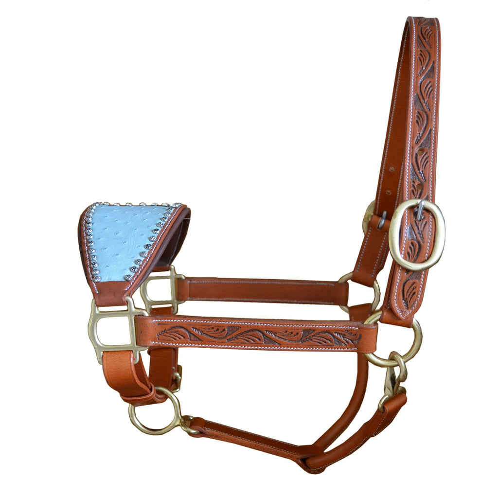 Premium Genuine Leather Horse Halter with Ostrich Leather Padded Noseband & Solid Brass Hardware