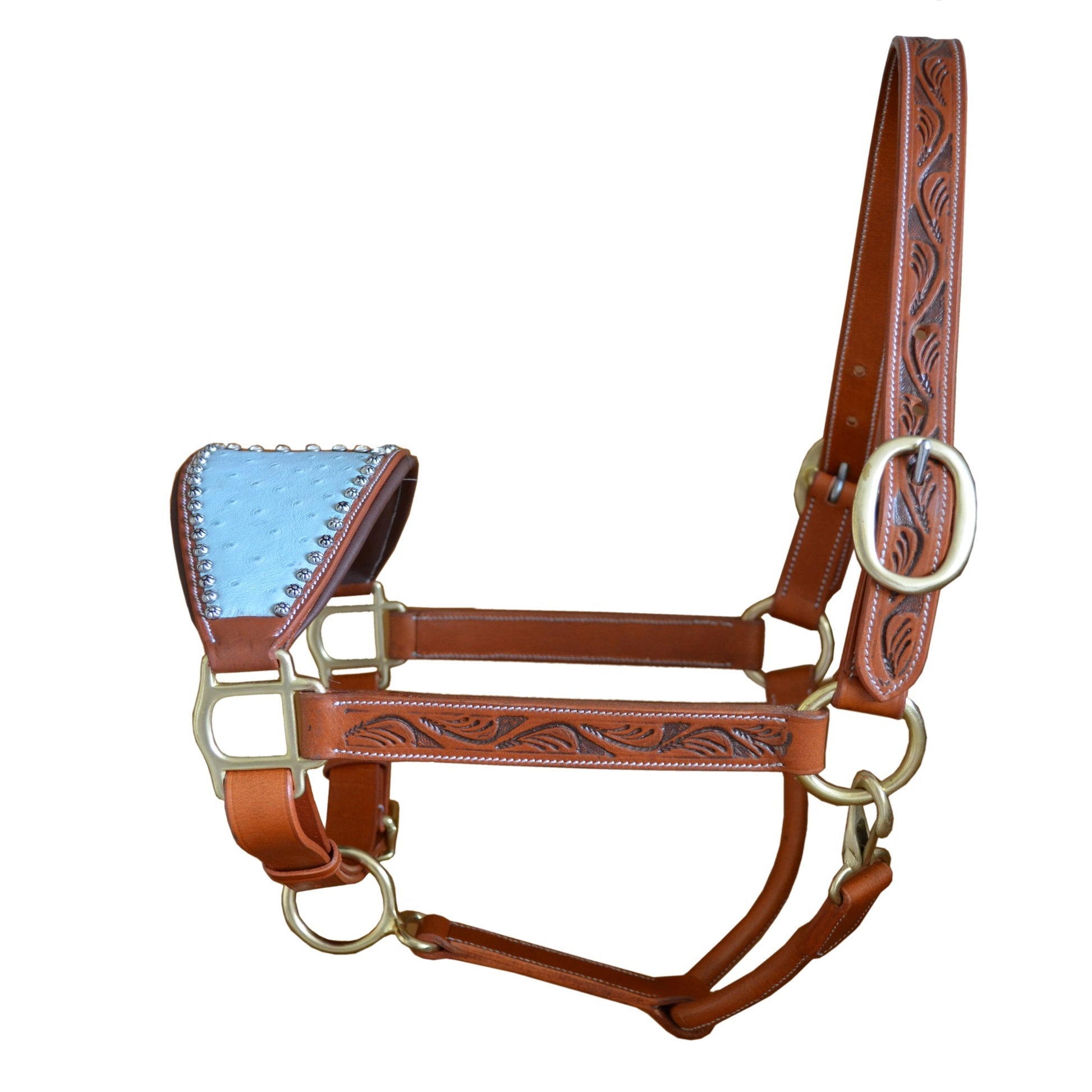 Premium Genuine Leather Horse Halter with Ostrich Leather Padded Noseband & Solid Brass Hardware