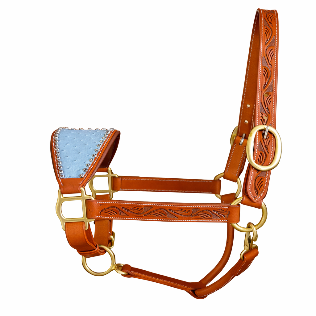 Premium Genuine Leather Horse Halter with Ostrich Leather Padded Noseband & Solid Brass Hardware