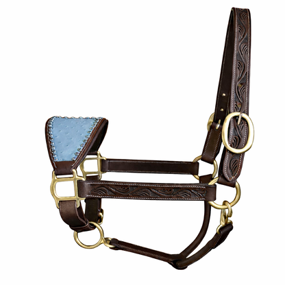 Premium Genuine Leather Horse Halter with Ostrich Leather Padded Noseband & Solid Brass Hardware