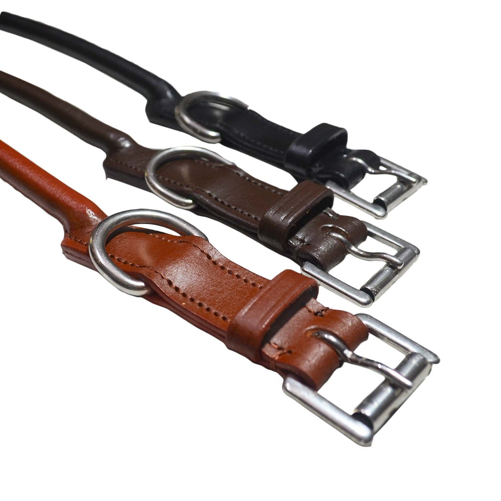 Handcrafted Rolled Genuine Leather Dog Collar – Round Leather Collar with Stainless Steel Hardware