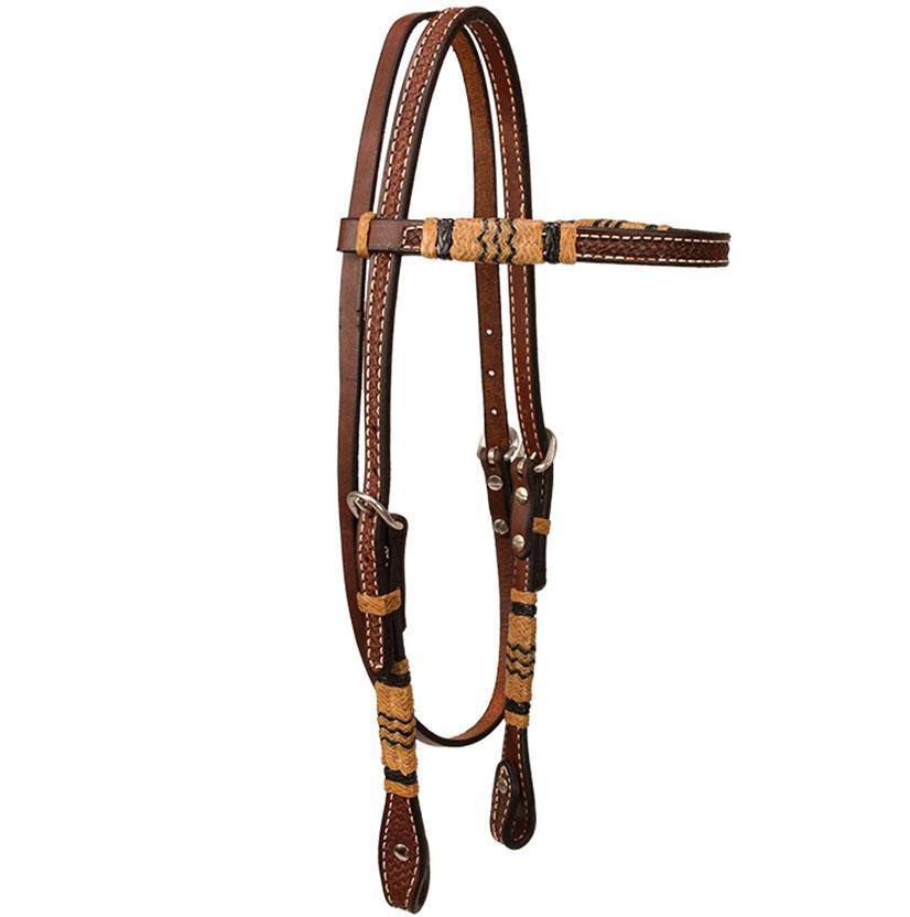 Braided Rawhide Browband Horse Headstall – Genuine Leather with Decorative Tooling